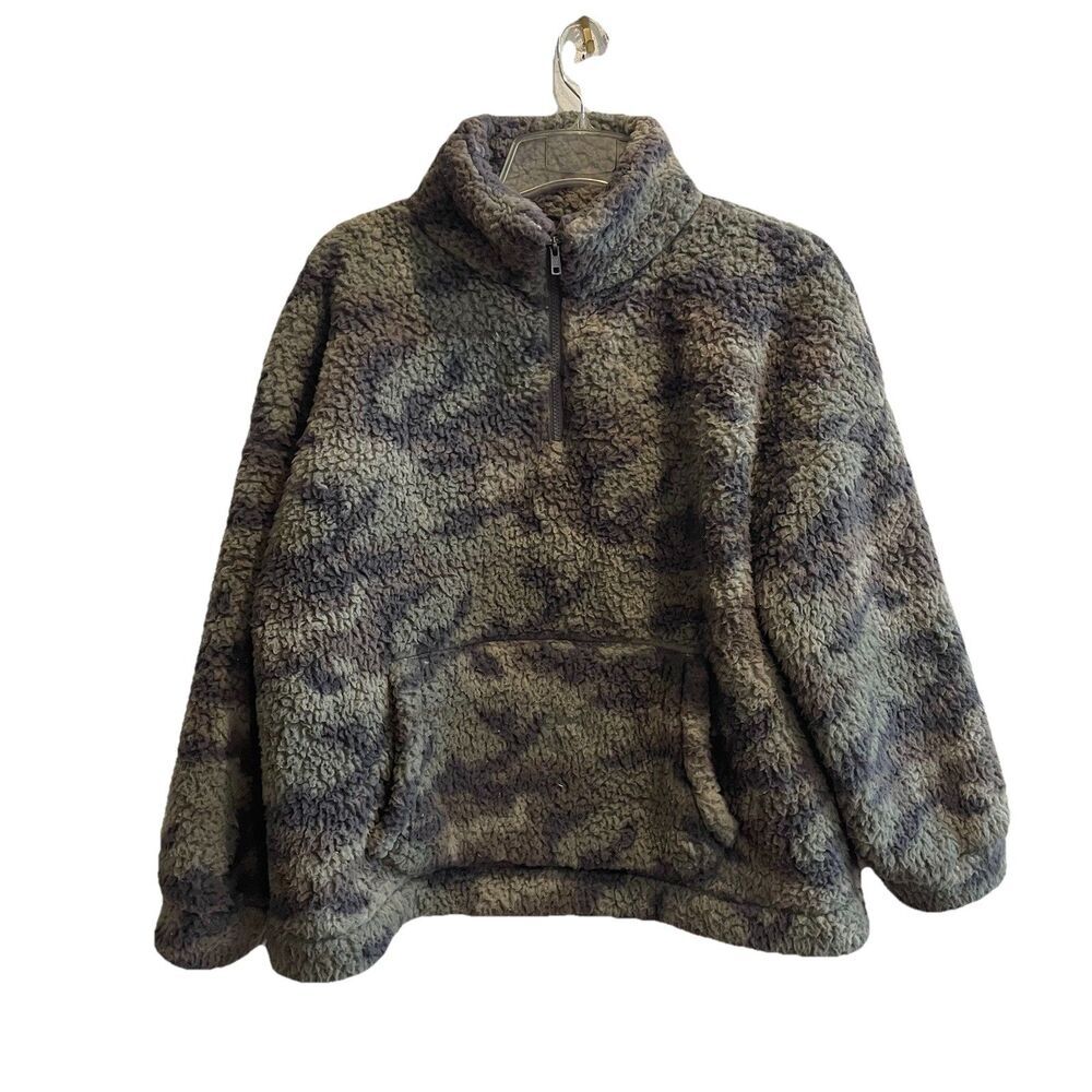 American Eagle Camo Print Sherpa Fleece Quarter Zip Pullover XS Mock Neck Fluffy